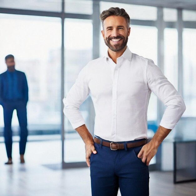 PSD hombre de negocios feliz de mediana edad ceo con traje de pie en la oficina