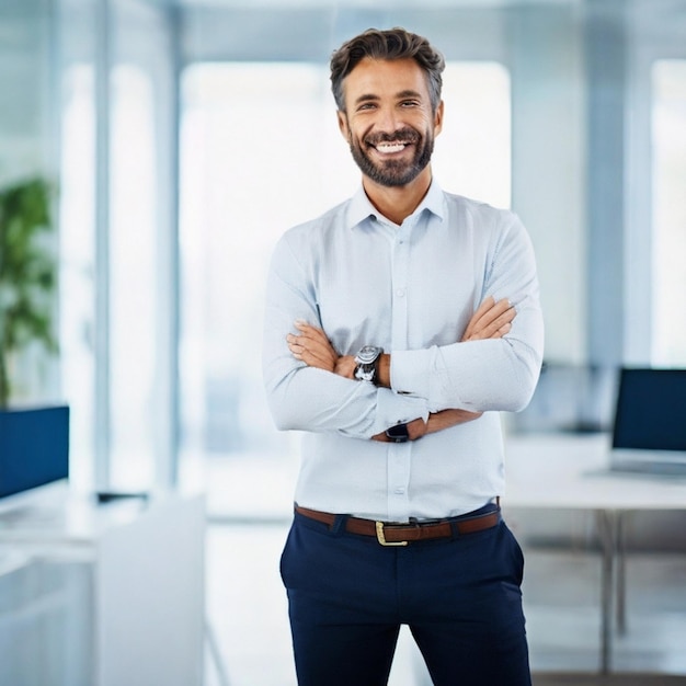 PSD hombre de negocios feliz de mediana edad ceo con traje de pie en la oficina