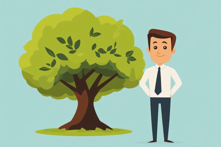 PSD un hombre de negocios feliz de pie con orgullo al lado de un árbol grande y saludable