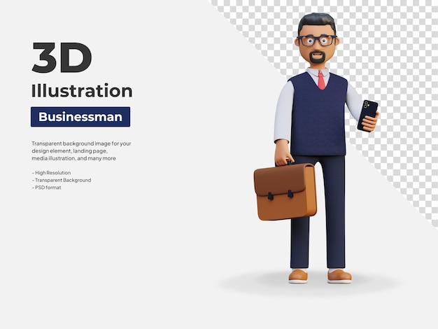 PSD hombre de negocios feliz que lleva la ilustración del personaje 3d de la maleta y el teléfono inteligente