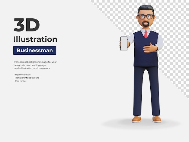 PSD hombre de negocios feliz que sostiene el teléfono inteligente que muestra la plantilla de pantalla en blanco ilustración de personaje 3d