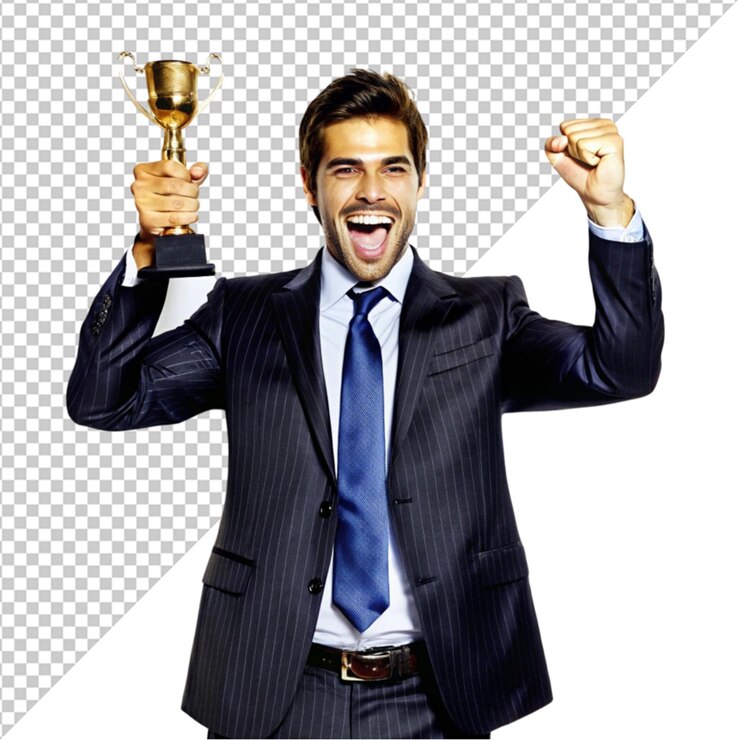 PSD un hombre de negocios feliz con ropa formal celebra su victoria en un fondo transparente.