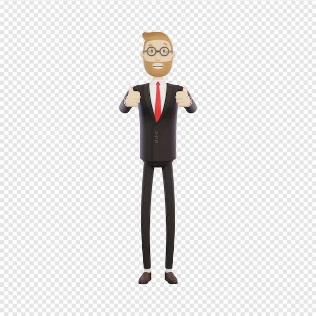Hombre de negocios con gafas mostrando un gesto dos pulgares hacia arriba buen trabajo bien hecho renderizado 3d