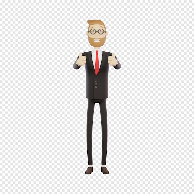 PSD hombre de negocios con gafas mostrando un gesto dos pulgares hacia arriba buen trabajo bien hecho renderizado 3d