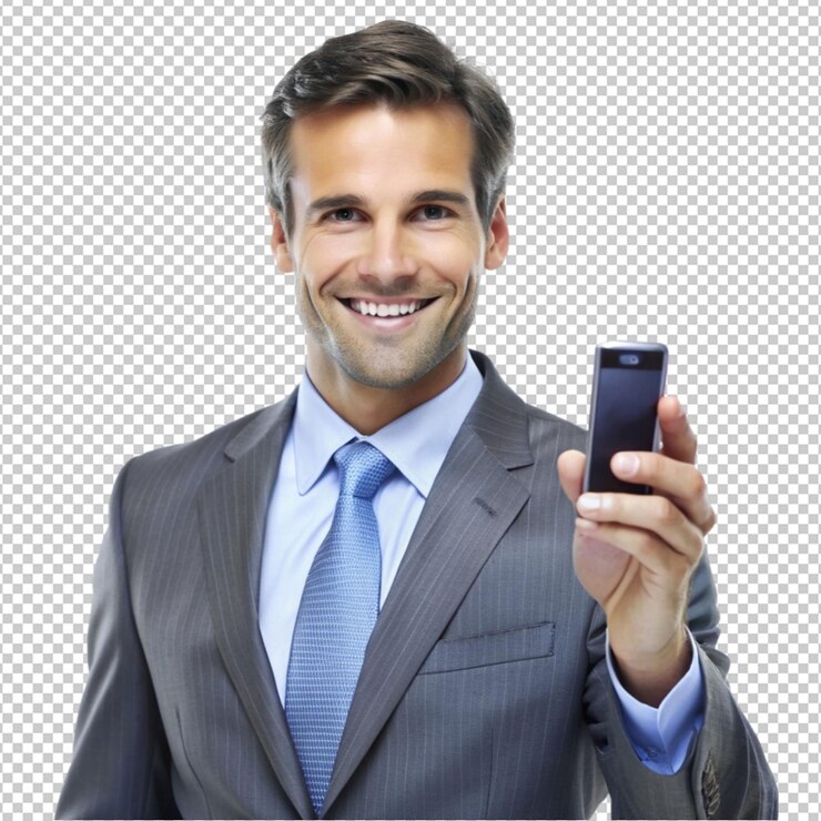 PSD hombre de negocios guapo con teléfono móvil en un fondo transparente