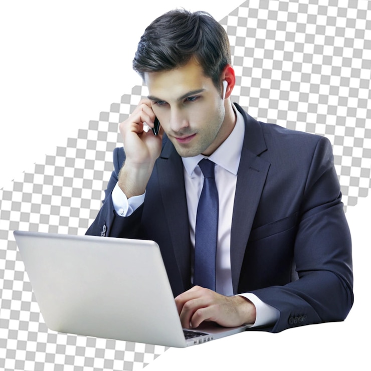 PSD hombre de negocios guapo trabajando en una computadora portátil