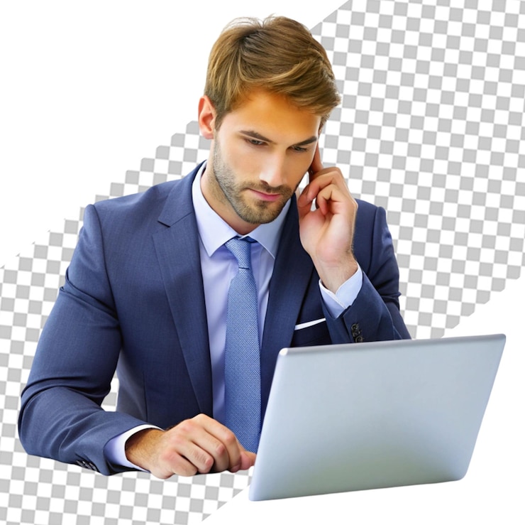 PSD hombre de negocios guapo trabajando en una computadora portátil