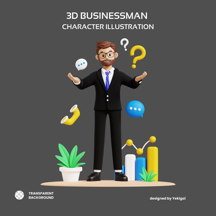 PSD hombre de negocios haciendo preguntas ilustración de personajes en 3d para la infografía de la aplicación web uiux, etc.