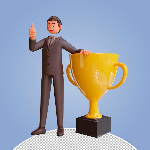 Hombre de negocios de ilustración 3d con trofeo