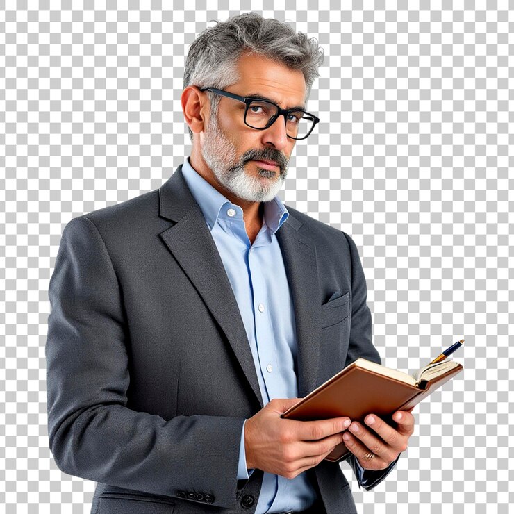 PSD un hombre de negocios leyendo un cuaderno.