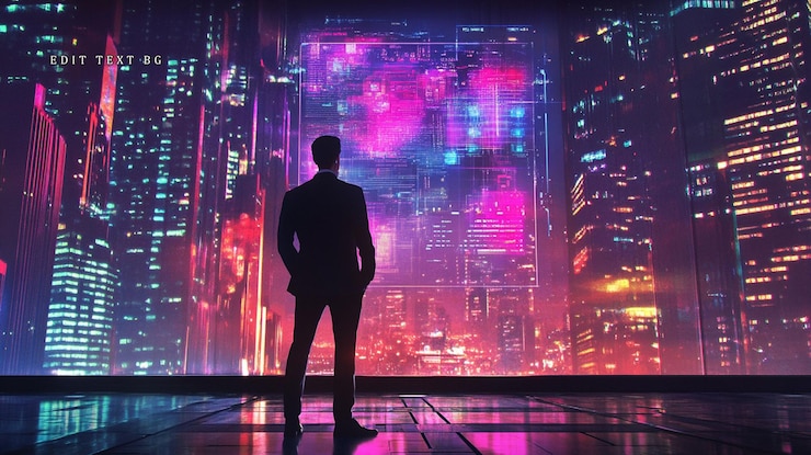 PSD un hombre de negocios mirando un vibrante paisaje urbano futurista por la noche desde un techo
