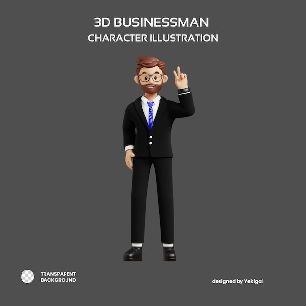 Hombre de negocios mostrando el signo de la victoria Ilustración de carácter 3D para la infografía de la aplicación web uiux, etc.