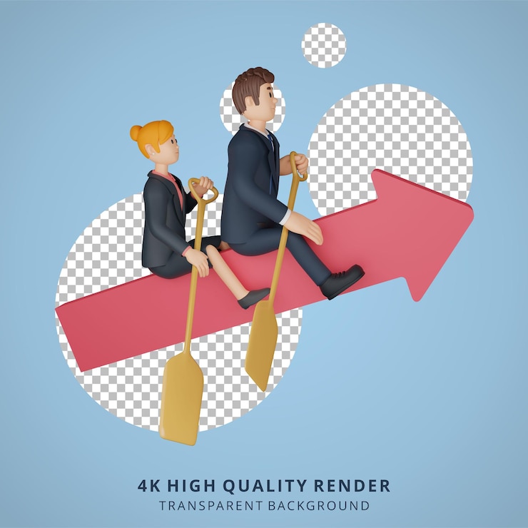PSD hombre de negocios y mujer montando un personaje de barco en forma de flecha ilustración de personaje 3d