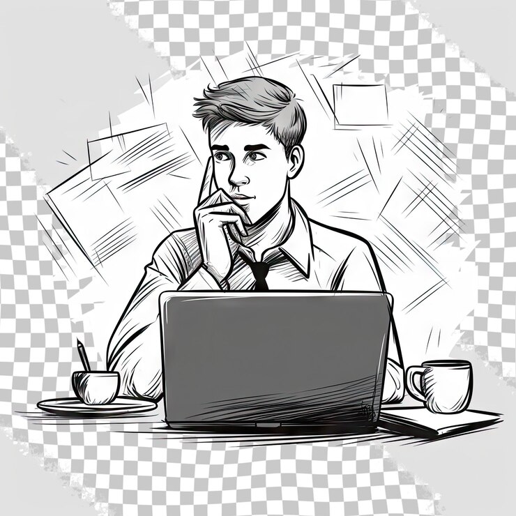 PSD hombre de negocios pensando en la parte delantera de la computadora portátil portátil ilustrado vectorial boceto garabateado mano