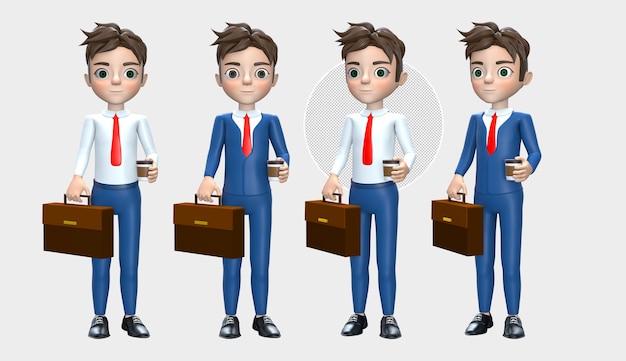 Hombre de negocios de personaje de dibujos animados en 3D en traje de hombre de negocios confiado aislado con bebida de café