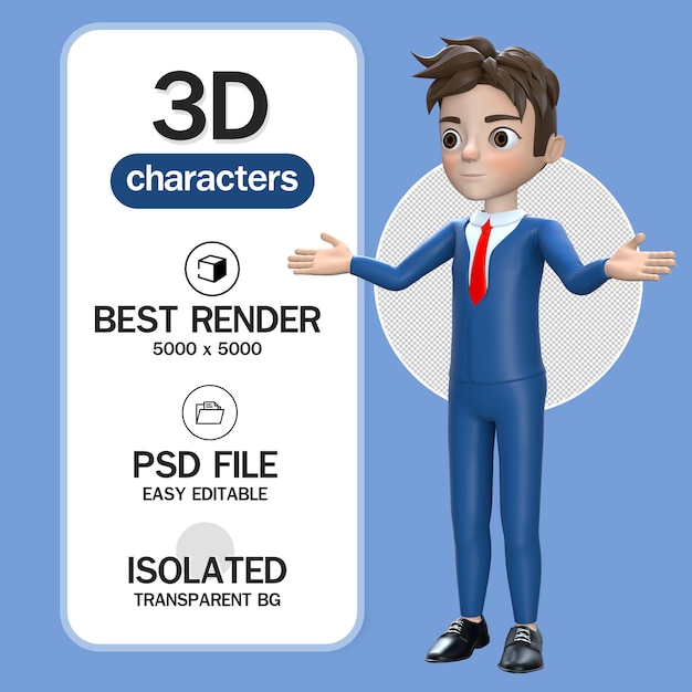 PSD hombre de negocios de personaje de dibujos animados de hombre 3d en traje render aislado sus manos al cielo