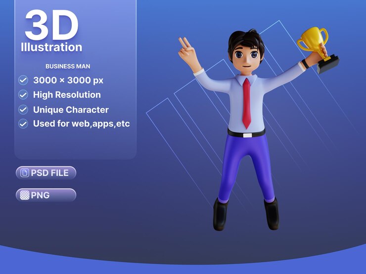 PSD el hombre de negocios de personajes 3d recibe un premio