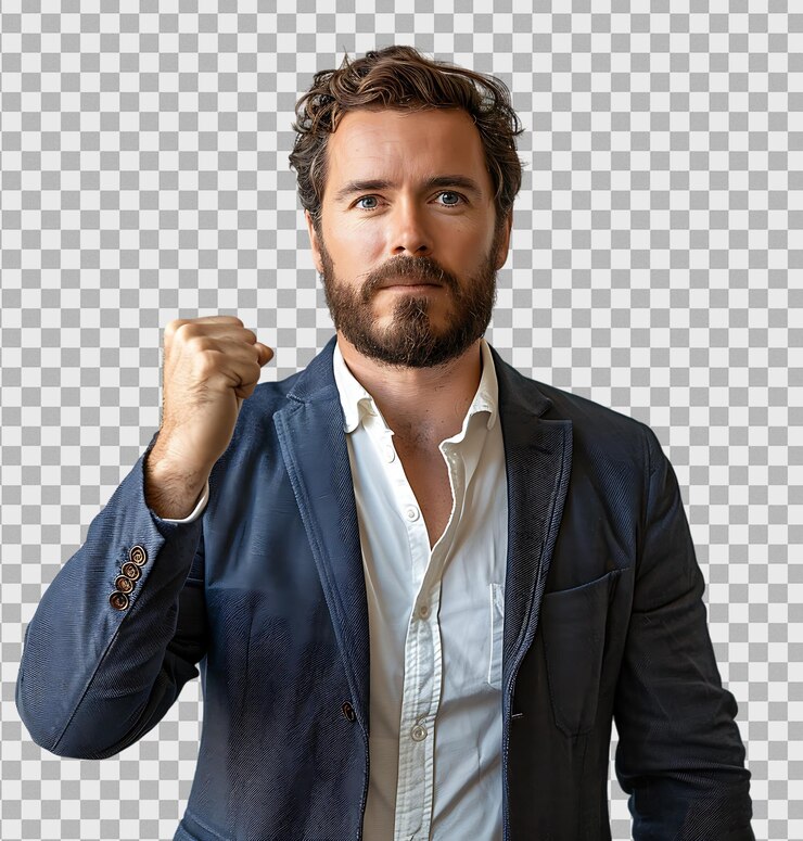 PSD hombre de negocios de pie y mostrando el puño en un fondo transparente