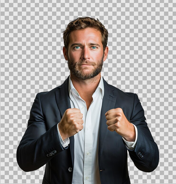 PSD hombre de negocios de pie y mostrando el puño en un fondo transparente
