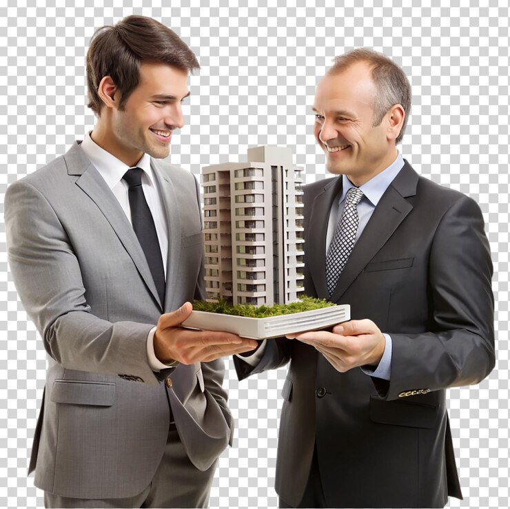PSD un hombre de negocios presenta a un cliente un modelo de casa condominial en un fondo transparente