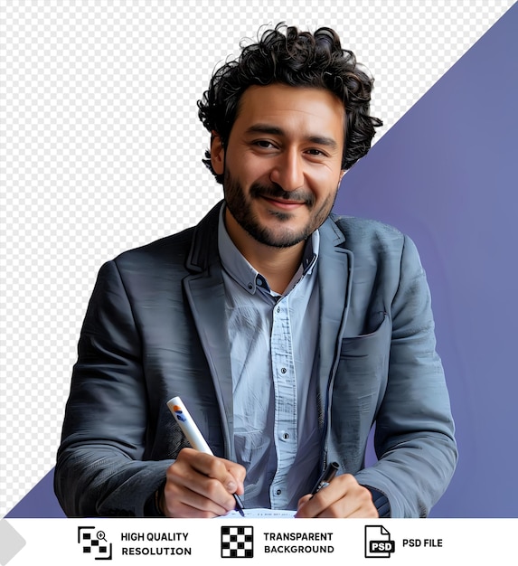 PSD hombre de negocios psd escribiendo con marcador frente a una pared púrpura con una camisa azul y gris y cabello rizado negro con una cara sonriente y un ojo marrón abierto mientras sostiene un blanco