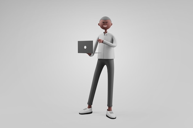 Hombre de negocios que trabaja en la computadora portátil mientras está de pie en el fondo aislado concepto de negocio 3d render personaje de dibujos animados