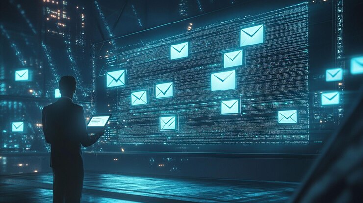PSD un hombre de negocios revisando correos electrónicos digitales en una pantalla grande en un entorno futurista