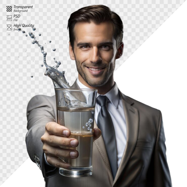 PSD un hombre de negocios sonriente sosteniendo un vaso de agua salpicante