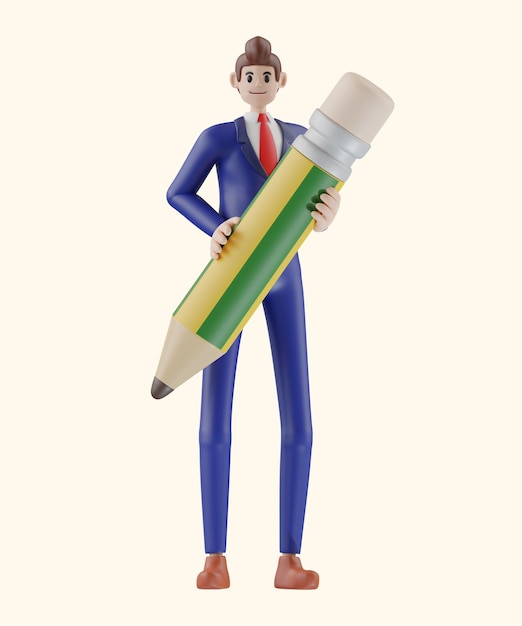 Hombre de negocios sosteniendo un lápiz Ilustración 3D de dibujos animados lindo sonriendo aislado sobre fondo blanco.