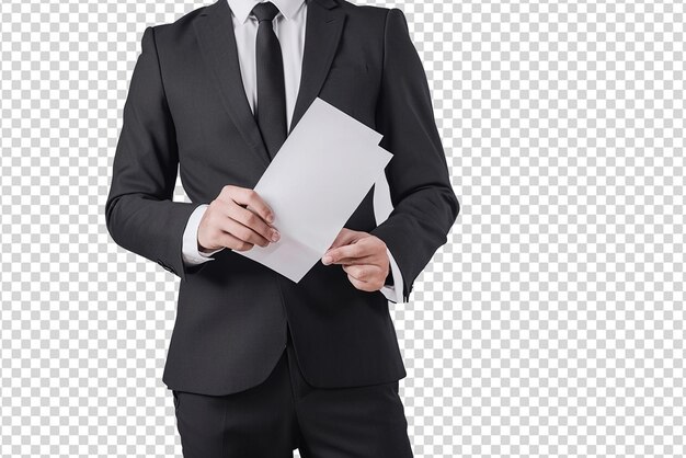 hombre de negocios sosteniendo papel en fondo blanco aislado