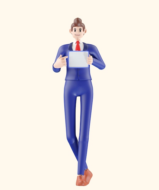 hombre de negocios sosteniendo tableta y presentando ilustración 3D de dibujos animados lindo sonriendo aislado sobre fondo blanco