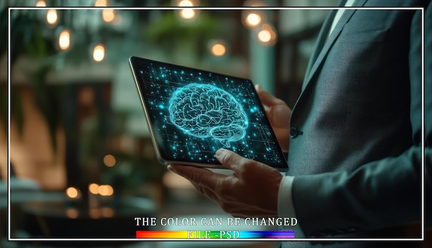 Un hombre de negocios sostiene una tableta con un cerebro digital en la pantalla que representa la inteligencia artificial