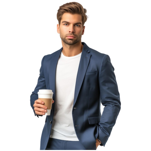 Hombre de negocios de tamaño completo en traje camiseta blanca sostener taza de papel café ir a mirar a un lado