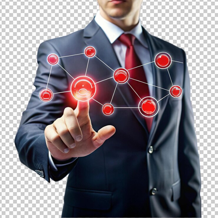 PSD hombre de negocios tocando un icono rojo conectado
