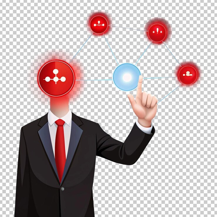 PSD hombre de negocios tocando un icono rojo conectado