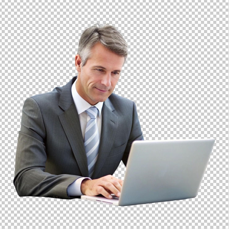 PSD hombre de negocios trabajando con una computadora portátil de fondo transparente interior