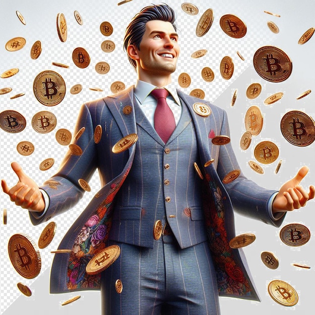 PSD un hombre de negocios en un traje con bitcoins lloviendo sobre un fondo transparente