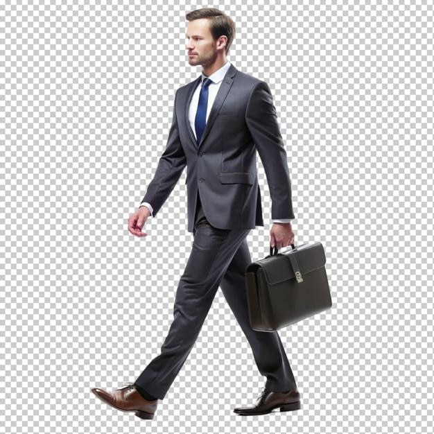 Un hombre de negocios con un traje elegante caminando con un propósito.