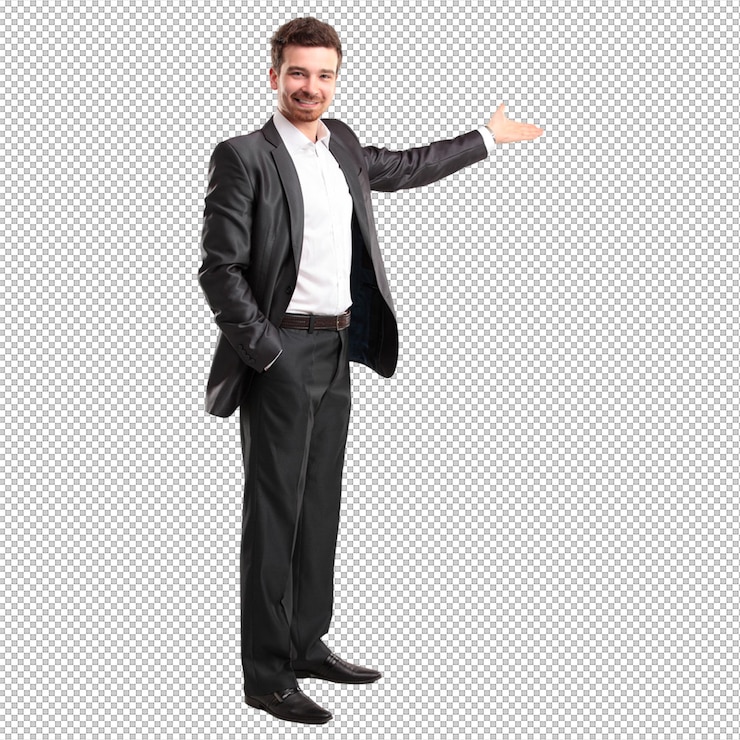 PSD un hombre de negocios en traje haciendo un gesto de presentación