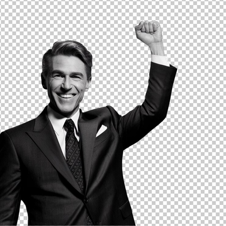 PSD hombre de negocios en traje con una sonrisa ganadora levantando la mano aislado en un fondo transparente