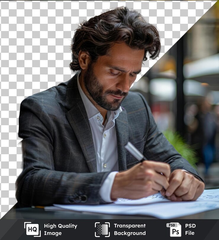 PSD hombre de negocios transparente escribiendo con marcador en un papel blanco con una camisa blanca y cabello marrón con una pluma de plata en la mano y un botón negro visible en su camisa