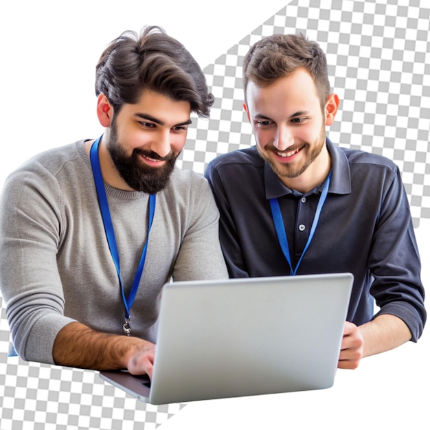 Hombre de negocios usando la computadora portátil delante de su colega que sostiene el tablero