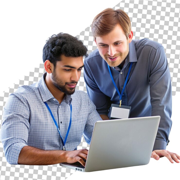 PSD hombre de negocios usando la computadora portátil delante de su colega que sostiene el tablero