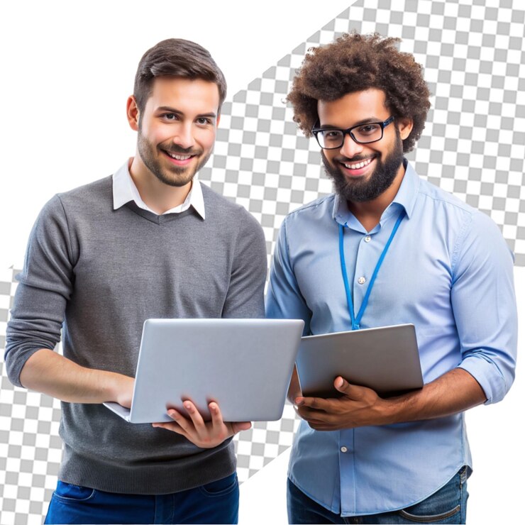 PSD hombre de negocios usando una computadora portátil frente a su colega sosteniendo un clipboard