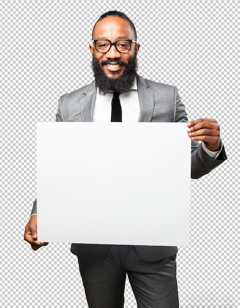 hombre negro con un cartel blanco en blanco