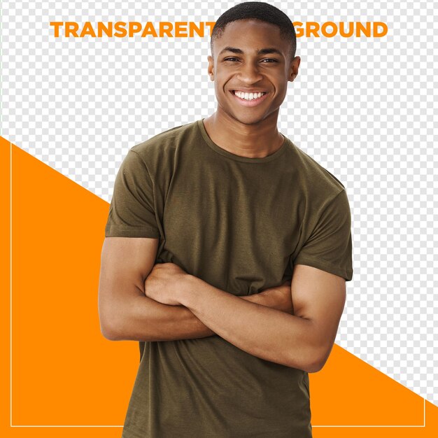 hombre negro feliz con los brazos cruzados