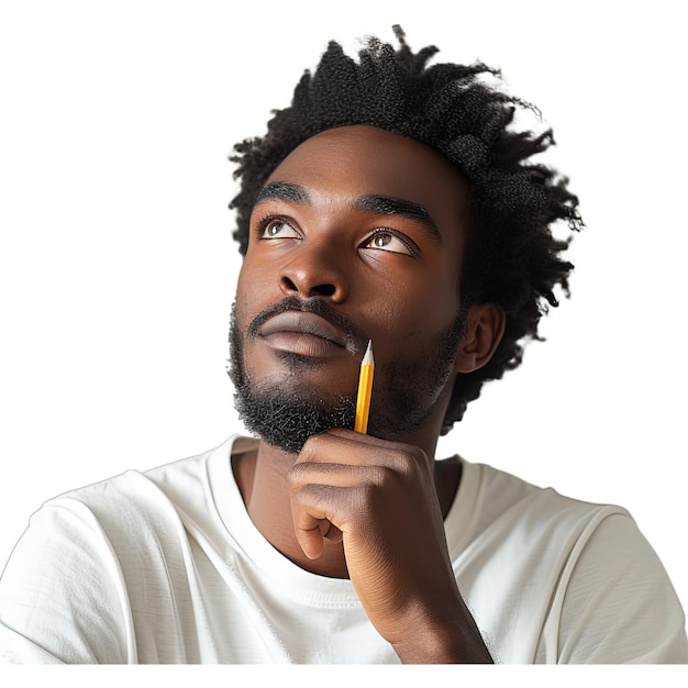 Hombre negro guapo de finales de los 20 con lápiz en la barbilla pensando