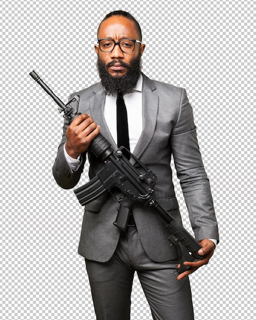 Hombre negro de negocios con una ametralladora
