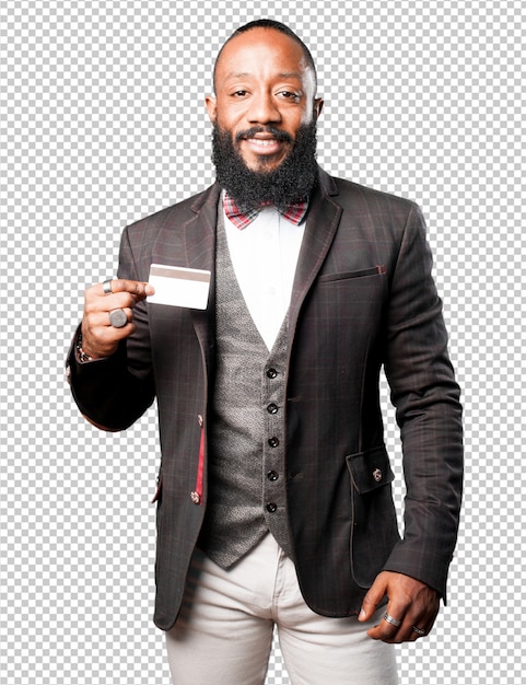 Hombre negro de negocios mostrando su tarjeta de crédito