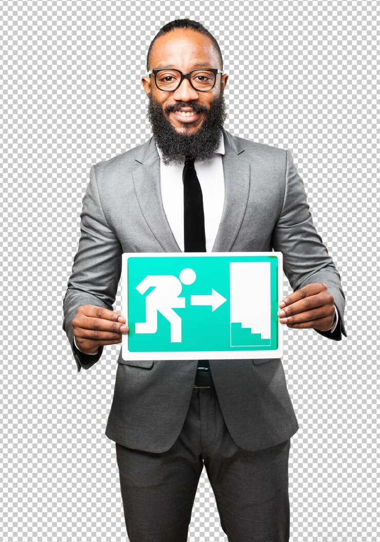 PSD hombre negro de negocios sosteniendo una pancarta de salida